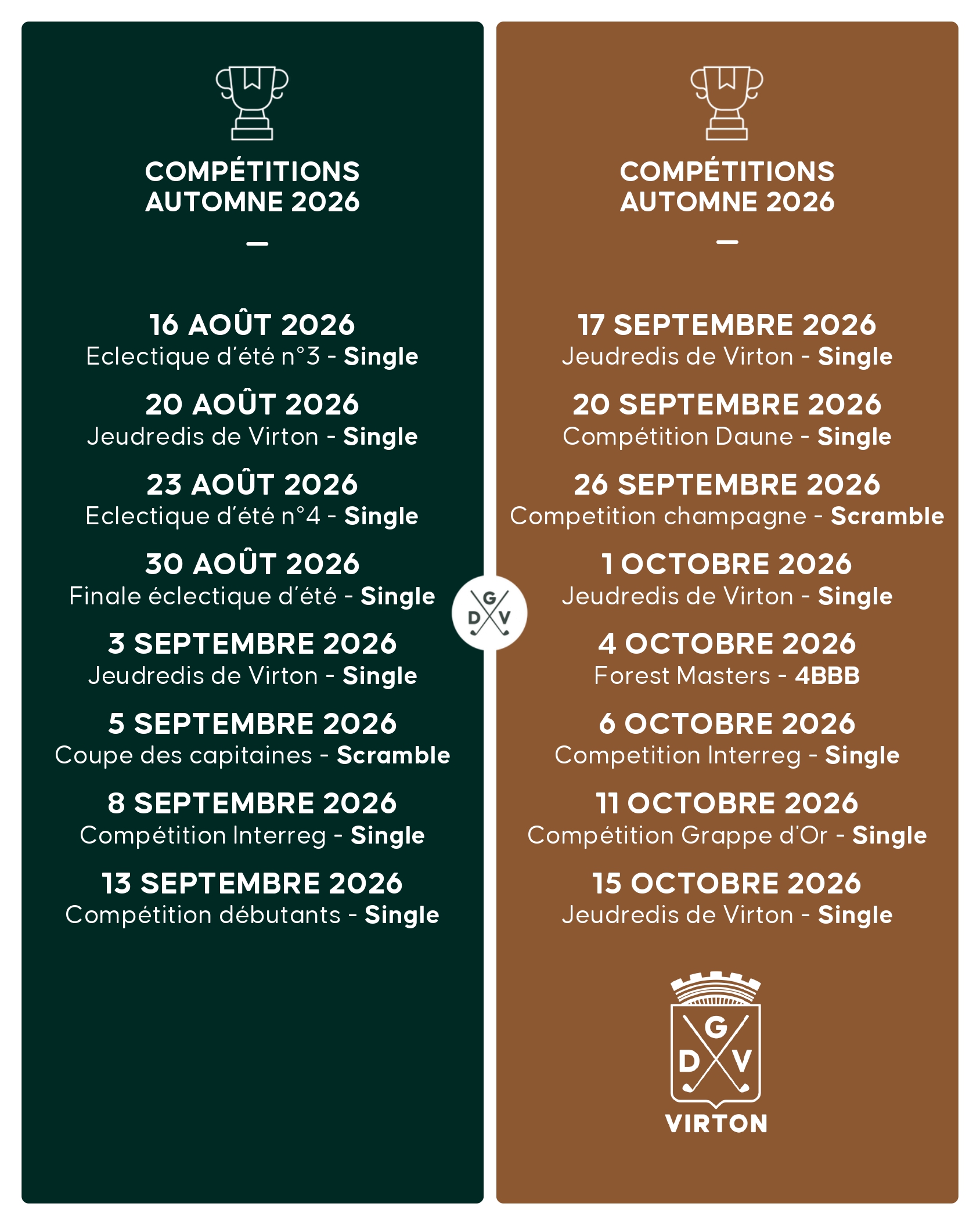 Agenda des compétitions été 2025-2026